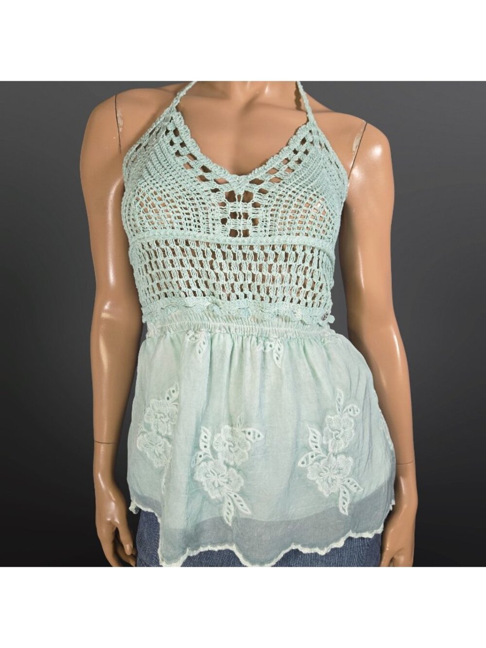 Y2K GUESS Mermaid Fairy Babydoll Top S Seafoam Crochet Silk Blend Chiffon Italy